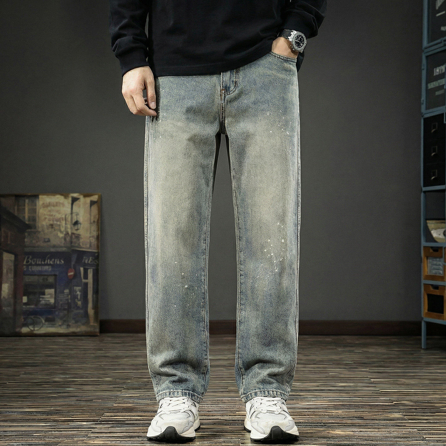 牛仔裤男宽松直筒长裤2026新款春季高端重磅水洗复古垂感阔腿裤子
