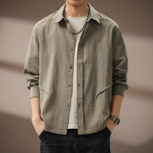 高端简约亚麻老钱风透气长袖衬衫男2026春季新款翻领宽松衬衣外套