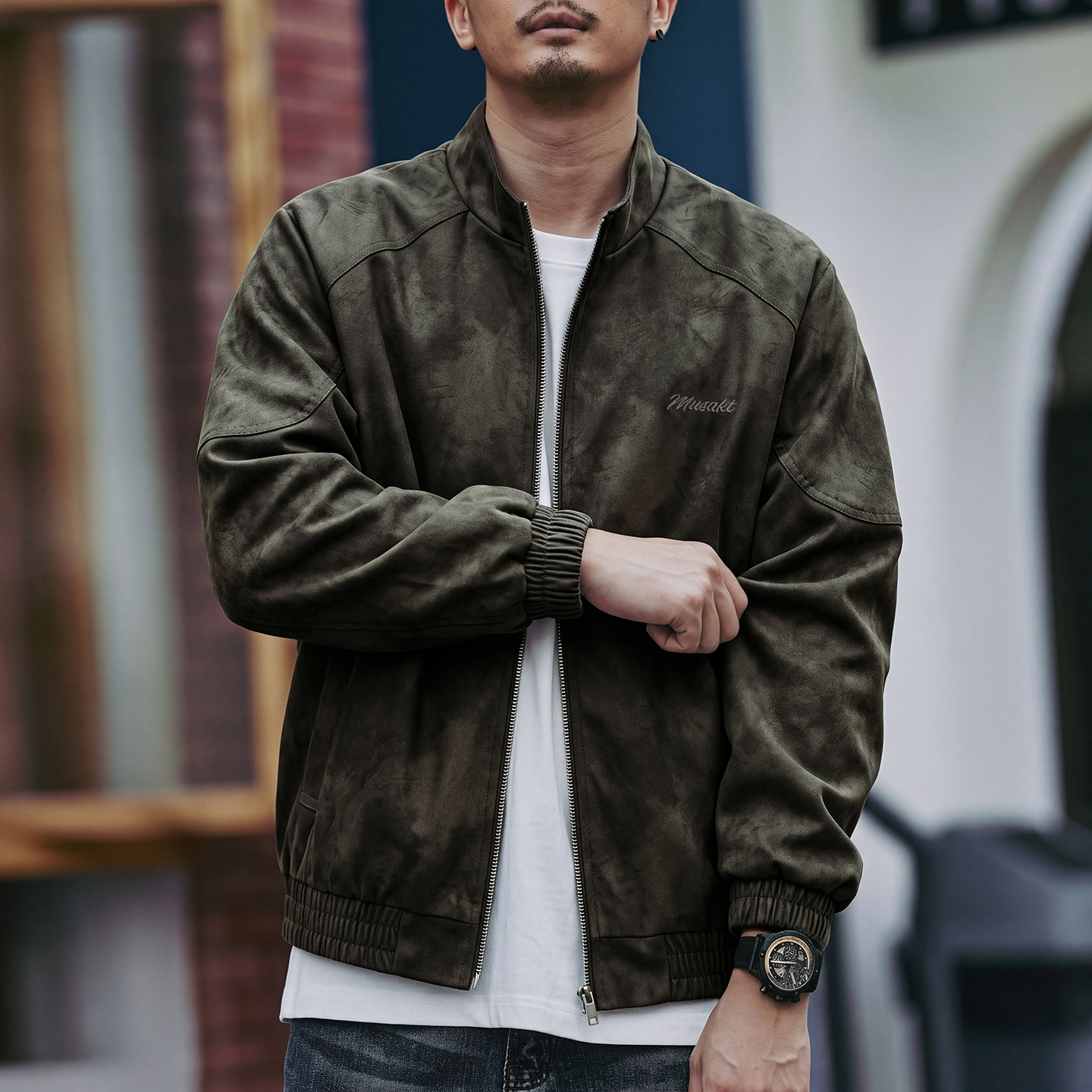 美式复古扎染休闲夹克男秋季潮牌宽松休闲痞帅大码皮衣外套