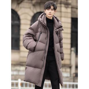 高充绒量连帽羽绒服男士中长款白鸭绒外套新款青少年棉服冬季加厚
