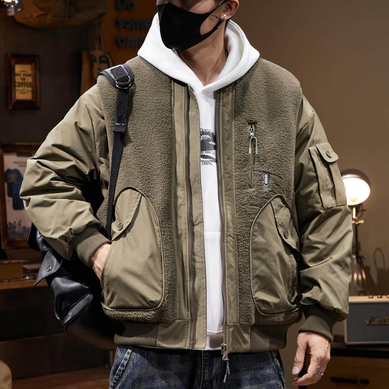 2025新款冬季颗粒绒拼接棉衣外套男工装飞行员夹克男款加厚保暖