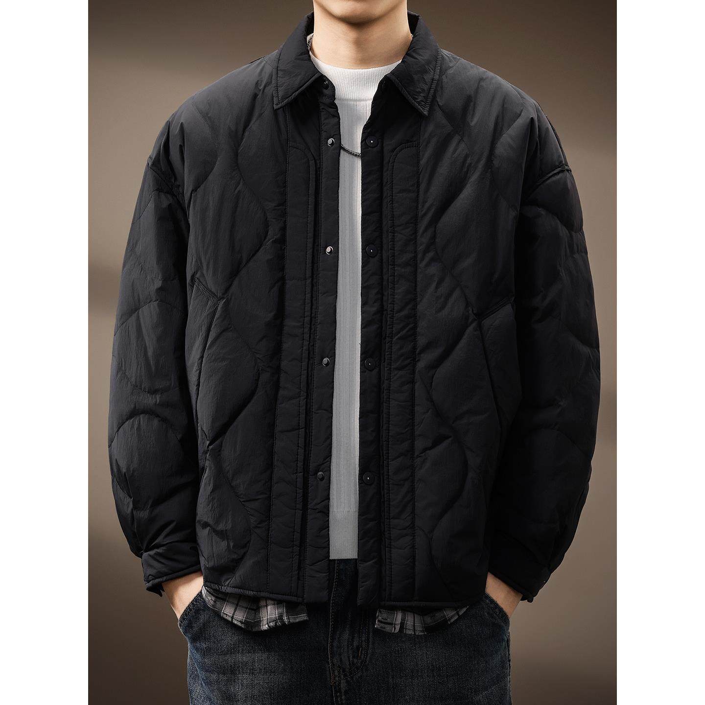 高端假两件轻薄菱形格羽绒服男2025冬季新款翻领衬衫男士夹克外套