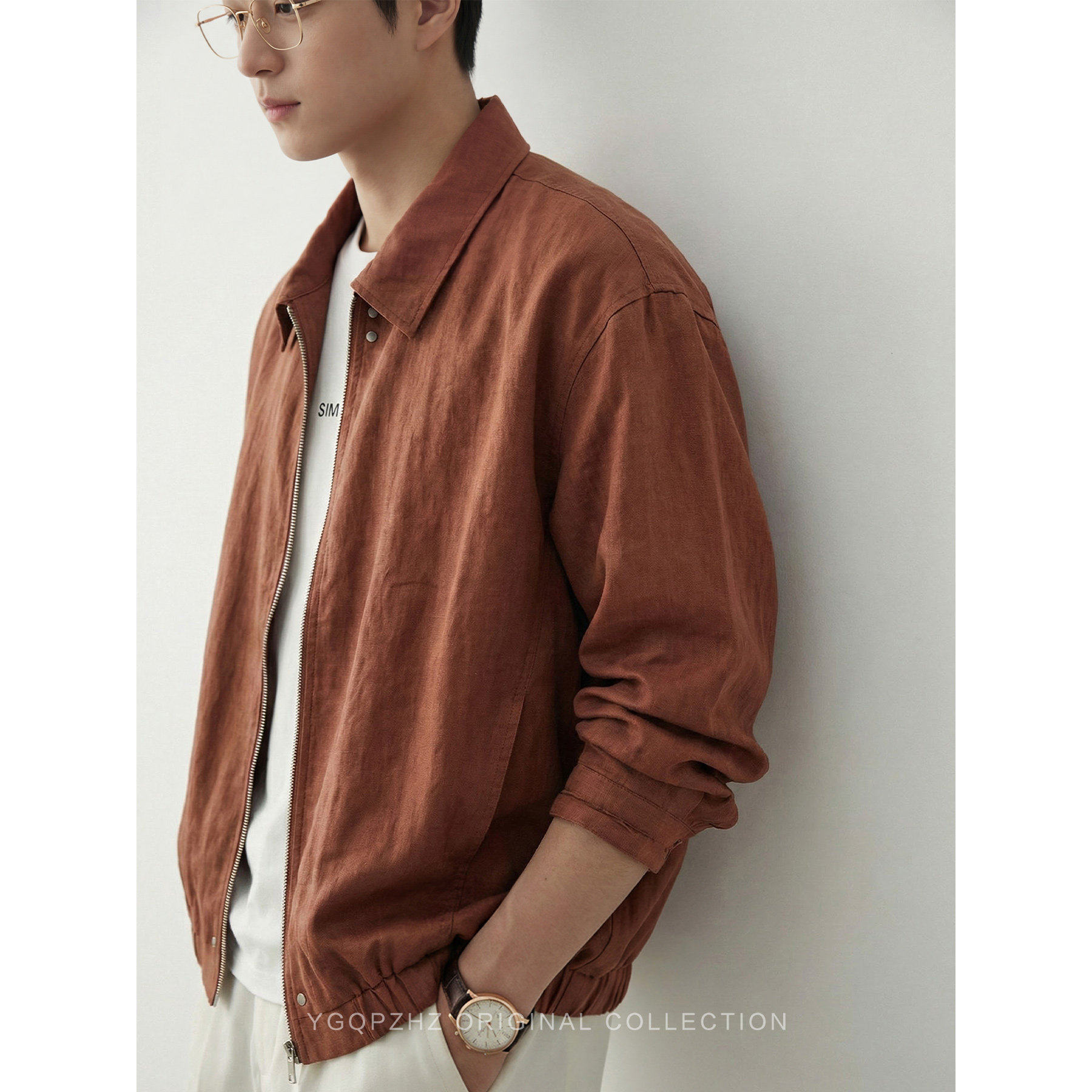 老钱风桑蚕丝亚麻混纺垂顺薄款休闲外套男士2026新款春季翻领夹克