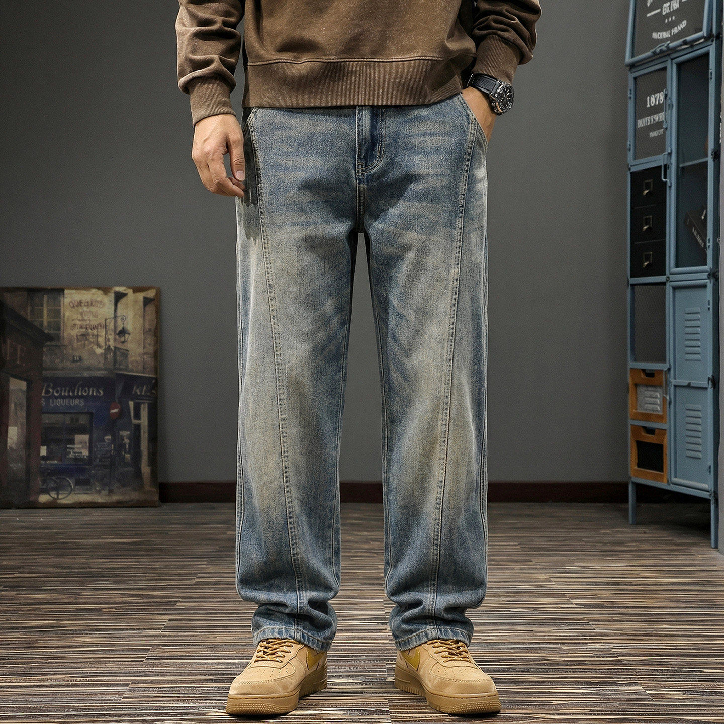 春季潮牌水洗纯棉牛仔裤男春秋2026新款美式复古微锥宽松直筒长裤