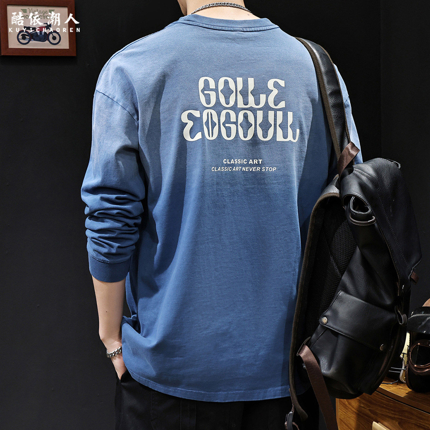 高端美式潮牌怀旧渐变纯棉长袖T恤男长袖2026春秋季新款宽松大码