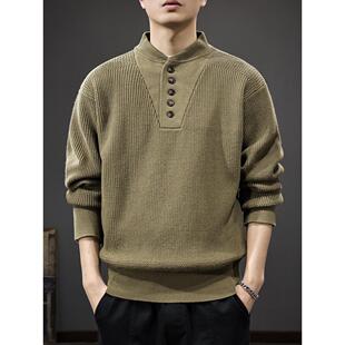 美式军事风硬汉亨利领毛衣男冬季新款高级感复古长袖打底针织衫潮