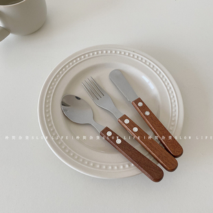 日式木柄不锈钢甜品刀叉勺 下午茶餐具甜点叉黄油刀儿童餐具8375