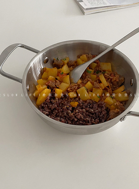 朴简杂货 ins小众不锈钢餐具 双耳汤锅网红泡面碗拉面拌饭锅8453