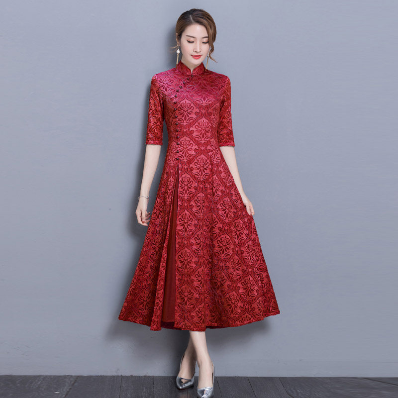 春秋季中长款大码遮肚中国风裙子秋装新式改良旗袍蕾丝连衣裙女