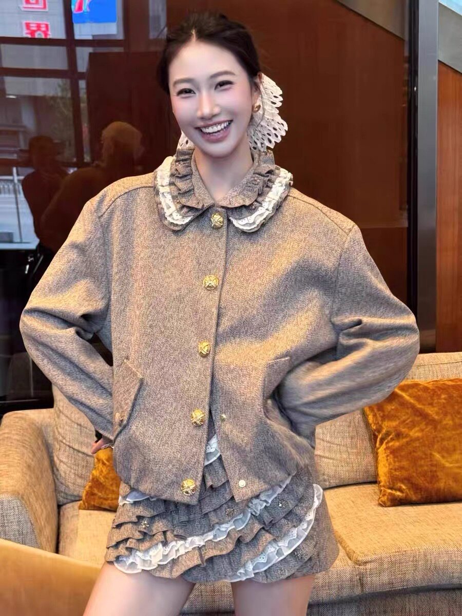 2025南油高端女装法式miu里缪气穿搭蕾丝荷叶领上衣+层层半裙套装