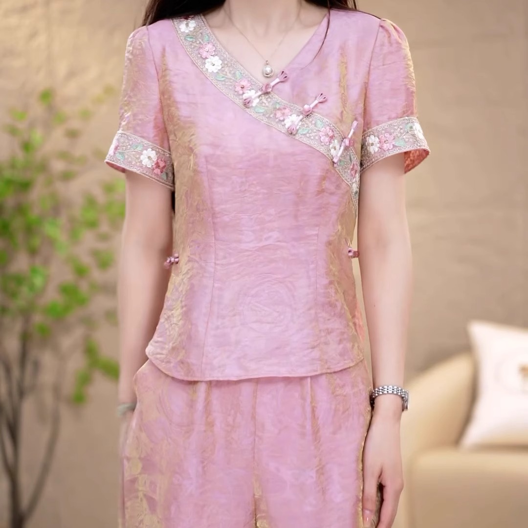 新中式国风时尚套装女2025夏季新款中年妈妈端庄大气阔腿裤两件套