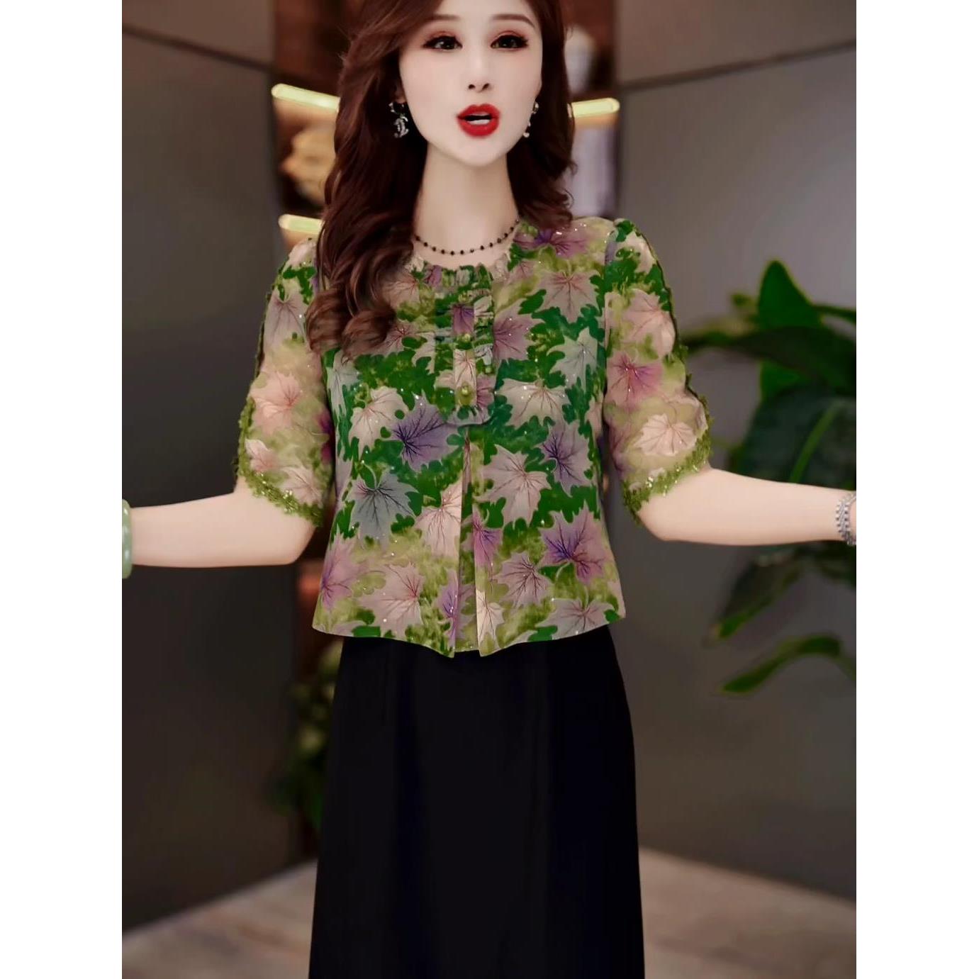 印花假两件连衣裙女洋气2025夏季新款妈妈装中长遮肉显瘦气质裙子