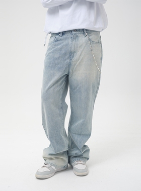 ComicTree C.t 2025秋季复古阴阳竹节纹水洗蓝牛仔长裤子男士新款