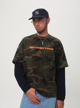 ComicTree C.t 2025秋季迷彩拼接假两件字母长袖T恤纯棉男士新款