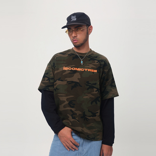 C.t 新款 2025秋季 T恤纯棉男士 迷彩拼接假两件字母长袖 ComicTree