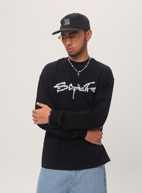 ComicTree C.t 2025秋季基础T恤珍珠涂鸦字圆领长袖纯棉衣服男士