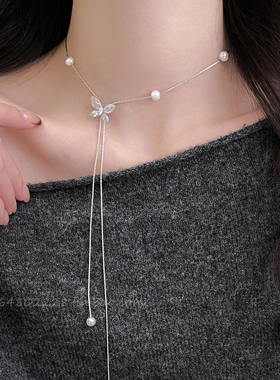 韩系闪锆蝴蝶珍珠吊坠项链女