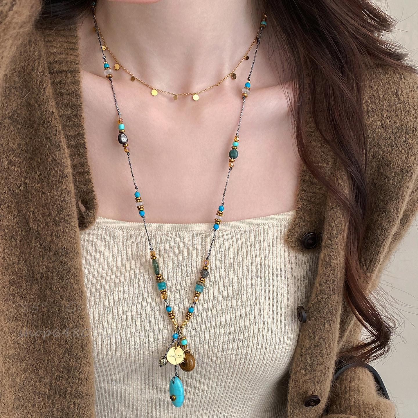 复古绿松石编绳项链女新中式民族风长款锁骨链时尚轻奢小众配饰品