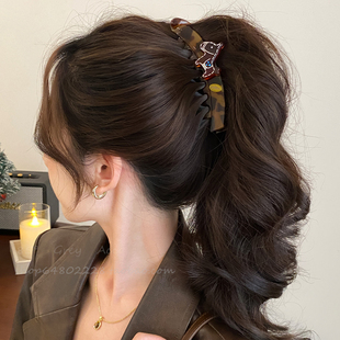 简约气质豹纹小马香蕉夹女高马尾发夹大号防滑后脑勺竖夹抓夹发卡