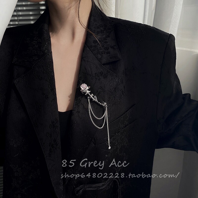 原创设计流苏仿矿石紫玫瑰高档西装胸针女小众高级感别针胸花饰品