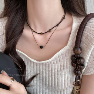 复古新中式 咖色串珠项链女民族风秋冬森系叠戴高级感锁骨链颈链