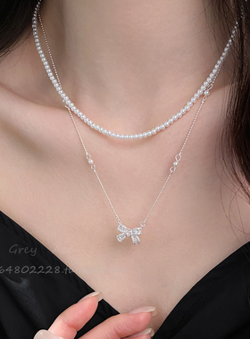 蝴蝶结珍珠小米串珠项链女