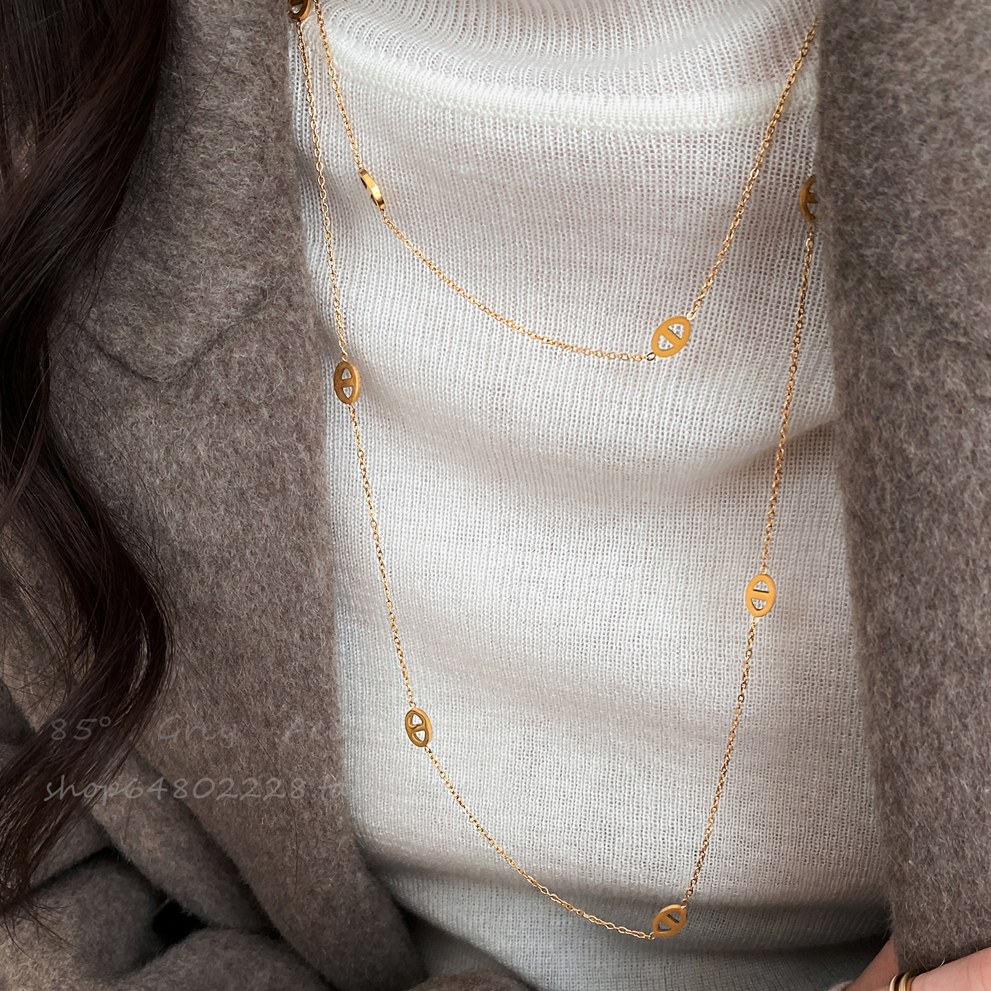 双层叠戴长款猪鼻子项链女秋冬