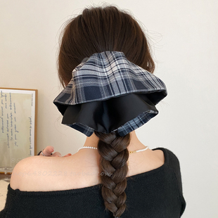 蓝色格纹裙摆发夹女2025新款高级感抓夹轻奢复古后脑勺低马尾发饰