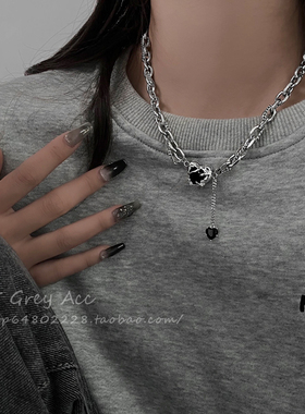 85度灰爱心黑色锆石钛钢流苏项链女潮ins冷淡风锁骨链卫衣链配饰