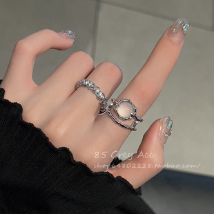 月光石戒指女ins小众轻奢百搭个性食指指环两件套装气质简约手饰