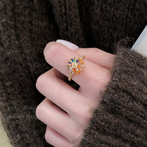 彩色锆石花朵开口食指戒指女款
