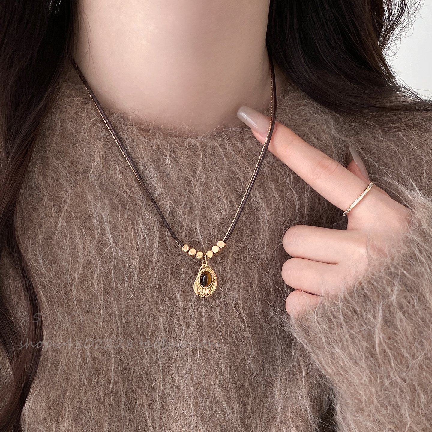 美拉德双层虎眼石吊坠项链女秋冬