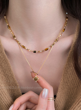 美拉德虎眼石太阳花项链秋冬复古