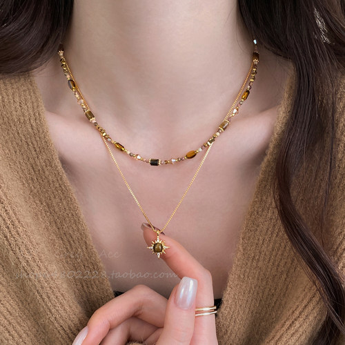 美拉德虎眼石太阳花项链复古