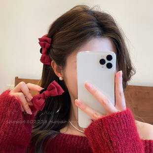 红色蝴蝶结发夹小抓夹女公主头精灵耳刘海夹发卡子耳后侧边夹头饰