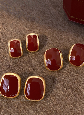 复古港风安可拉红色滴釉几何方形耳钉女气质高级感耳环时尚耳饰品