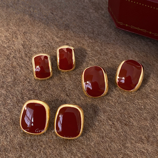 复古港风安可拉红色滴釉几何方形耳钉女气质高级感耳环时尚 耳饰品