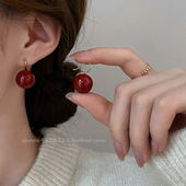 复古港风酒红色豆豆珍珠耳环女气质高级感耳钉轻奢时尚 耳勾耳饰品