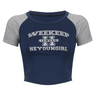 ins风格休闲字母T撞色插肩跑步训练运动短袖上衣短款T恤女