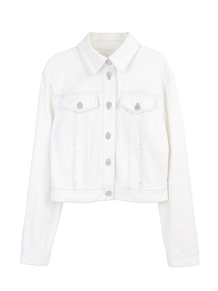 White denim jacket with silver buttons and light blue stitching on white background