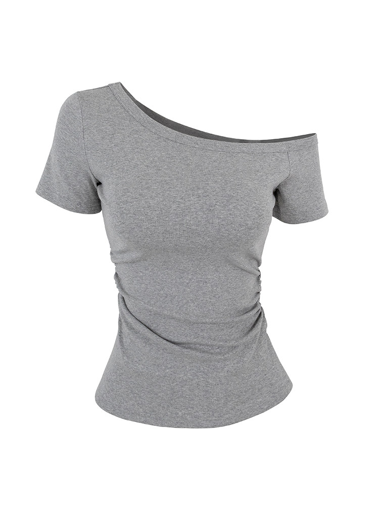 Gray off-shoulder ruched t-shirt on white background