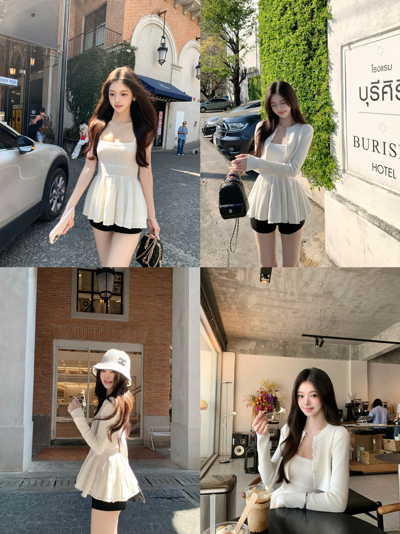 Model wearing a white peplum top in various outdoor and cafe settings
