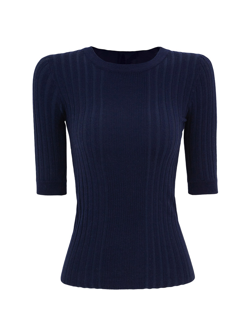 Navy blue ribbed knit top with puff sleeves and a fitted silhouette