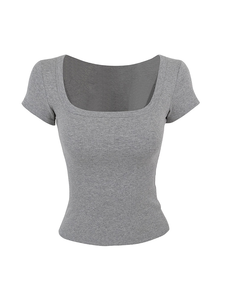 Gray short-sleeve top with square neckline on white background
