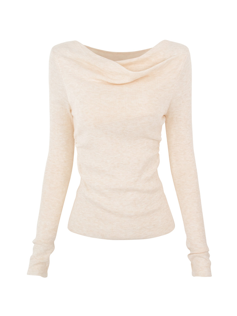 Cream-colored long-sleeve top with a cowl neckline on a white background