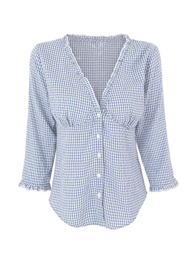Blue and white gingham button-up blouse with ruffled neckline and cuffs
