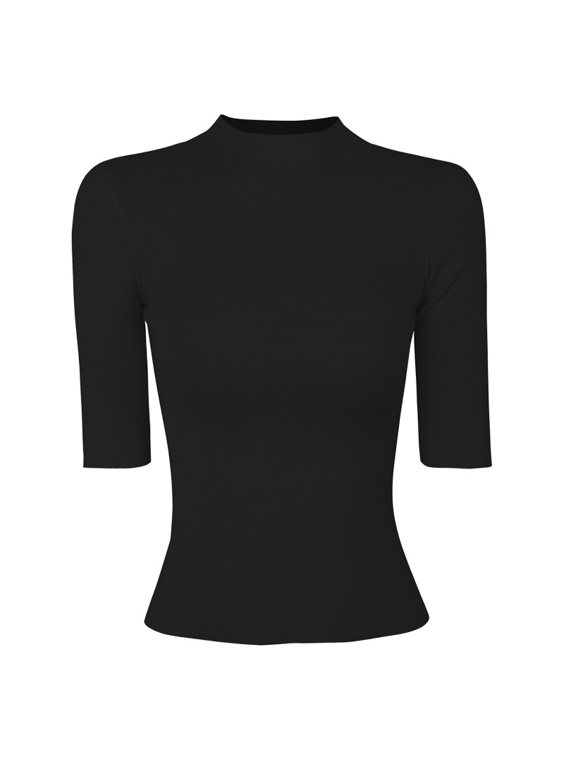 Black ribbed mock neck top with 3/4 sleeves on white background