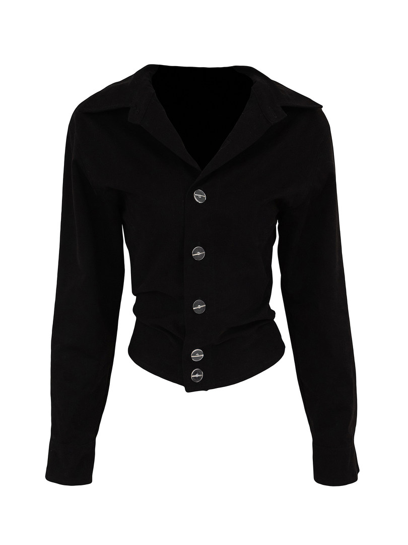 Black cropped blazer with silver buttons on white background