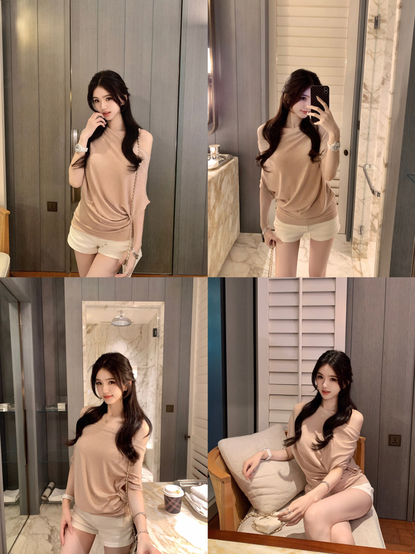 Model wearing a beige off-shoulder top and white shorts in various poses