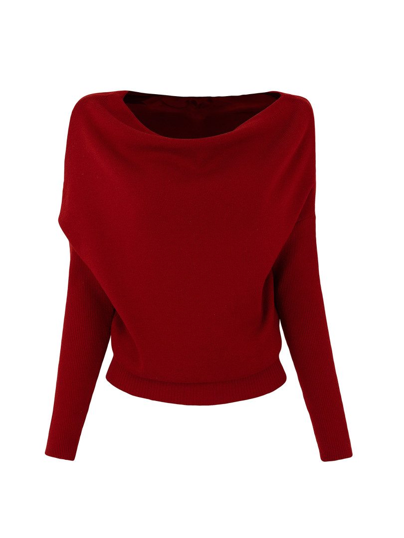 Red off-shoulder long sleeve sweater on white background